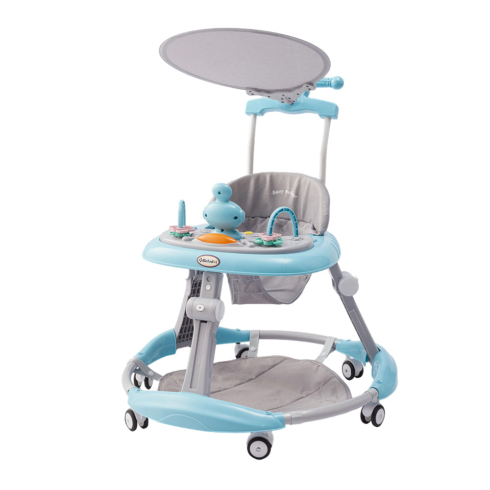 Adjustable Baby Walker with Sunshade – Feeding Tray, Music, Toys & Safety Brakes