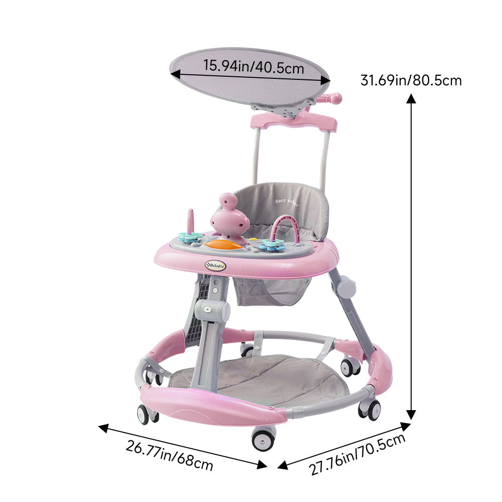 Adjustable Baby Walker with Sunshade – Feeding Tray, Music, Toys & Safety Brakes