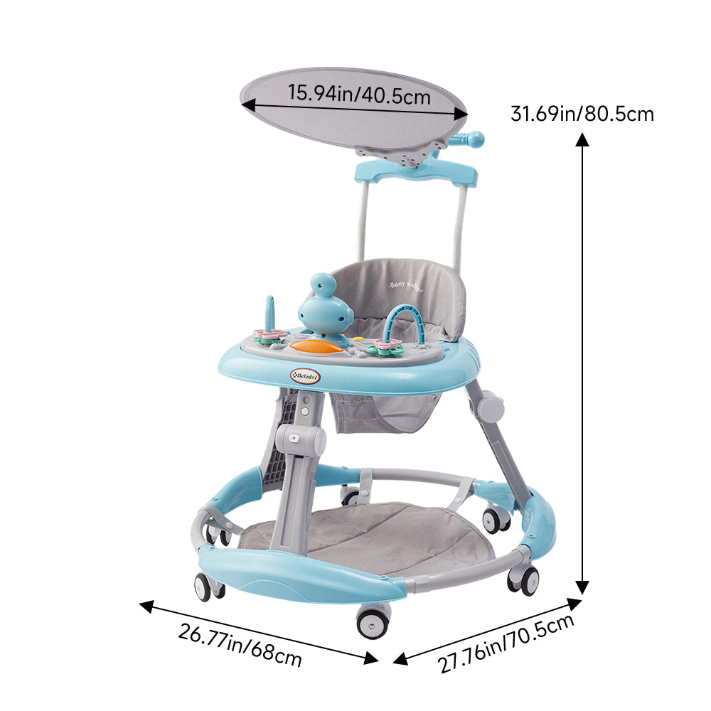 Adjustable Baby Walker with Sunshade – Feeding Tray, Music, Toys & Safety Brakes